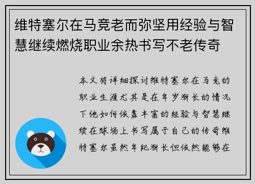 维特塞尔在马竞老而弥坚用经验与智慧继续燃烧职业余热书写不老传奇 维特塞尔在马竞老而弥坚用经验与智慧继续燃烧职业余热书写不老传奇